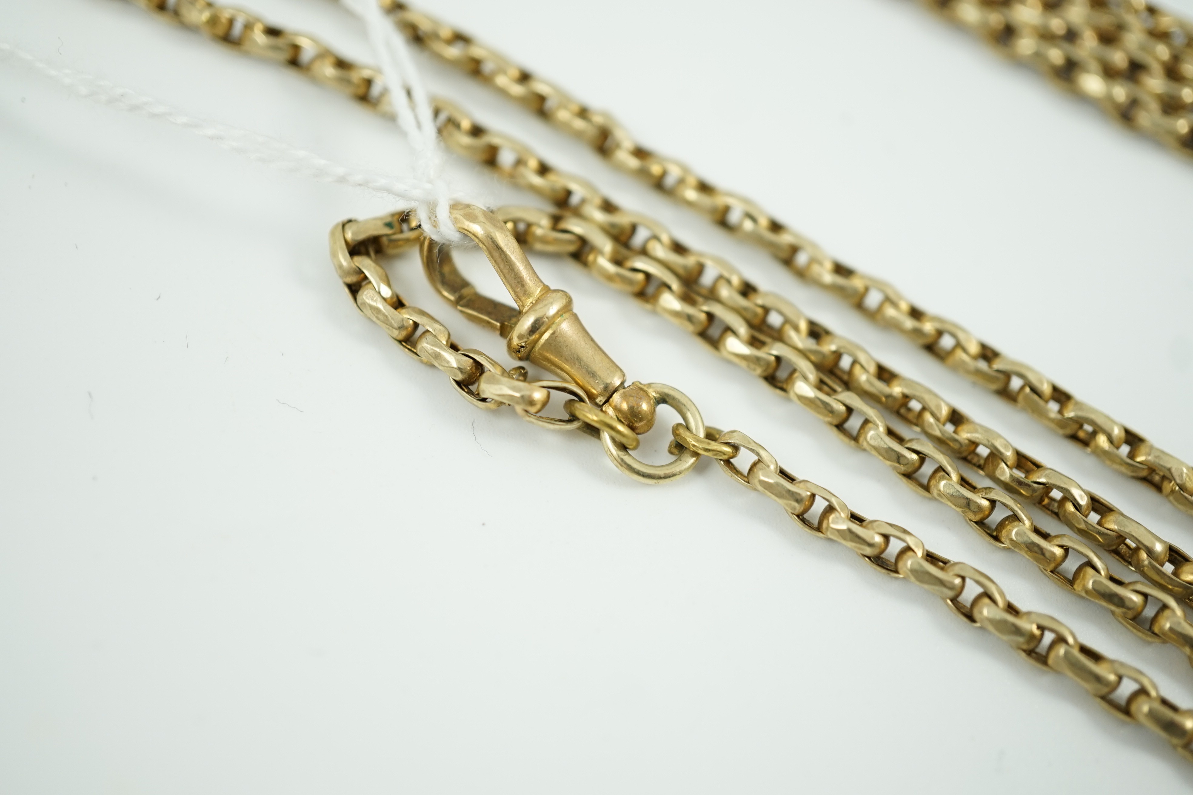 A late Victorian yellow metal guard chain, 146cm, 29.2 grams.